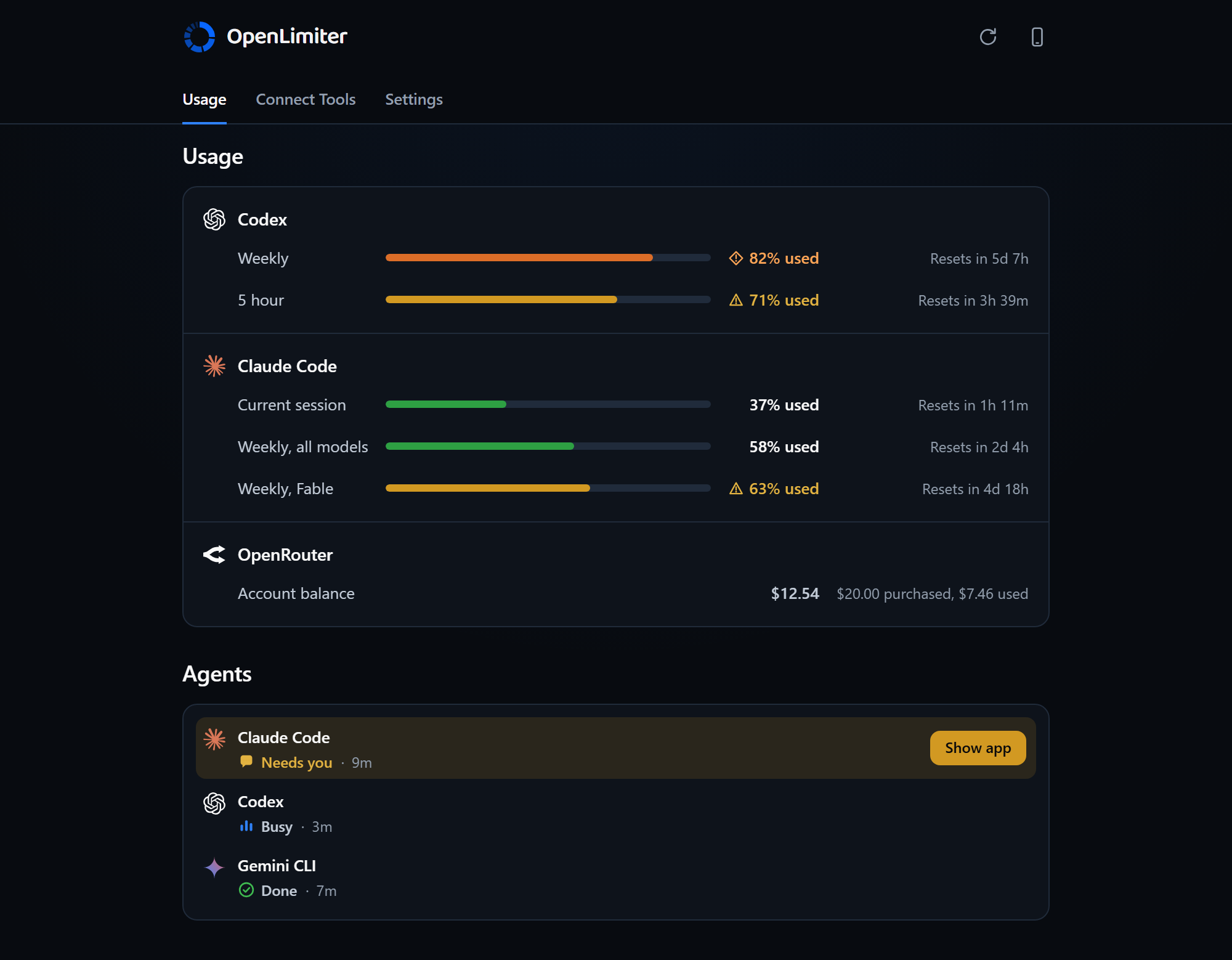 OpenLimiter desktop Usage tab with synthetic bars for Codex, Claude Code and OpenRouter.