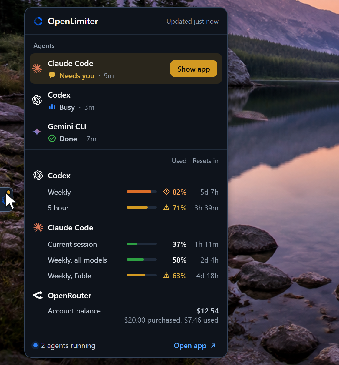 The real OpenLimiter panel open beside the edge tab, with synthetic data: Claude Code needs you and offers Show app, Codex is busy and Gemini CLI is done, then limits for Codex and Claude Code with bars and reset times, an OpenRouter account balance, and an Open app link.